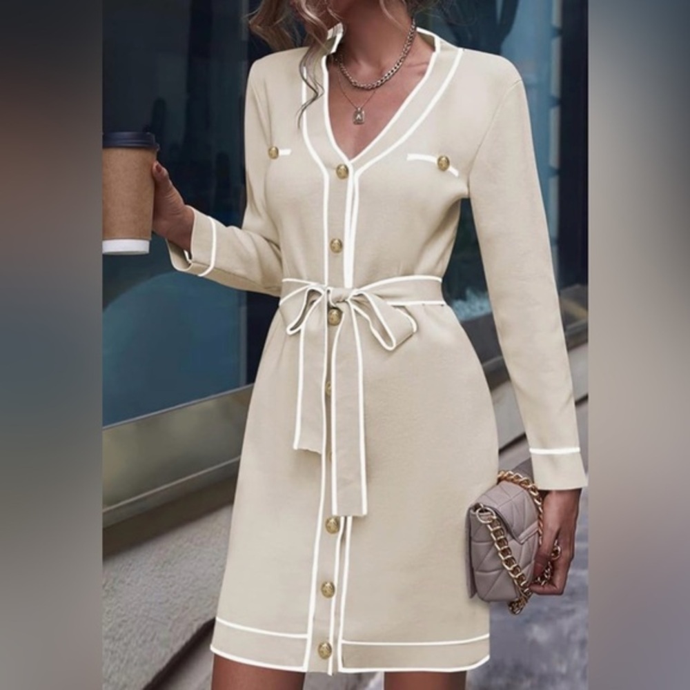 ✨ Pink Queen Long Sleeve Button Down Sweater Dress – Apricot, Size M